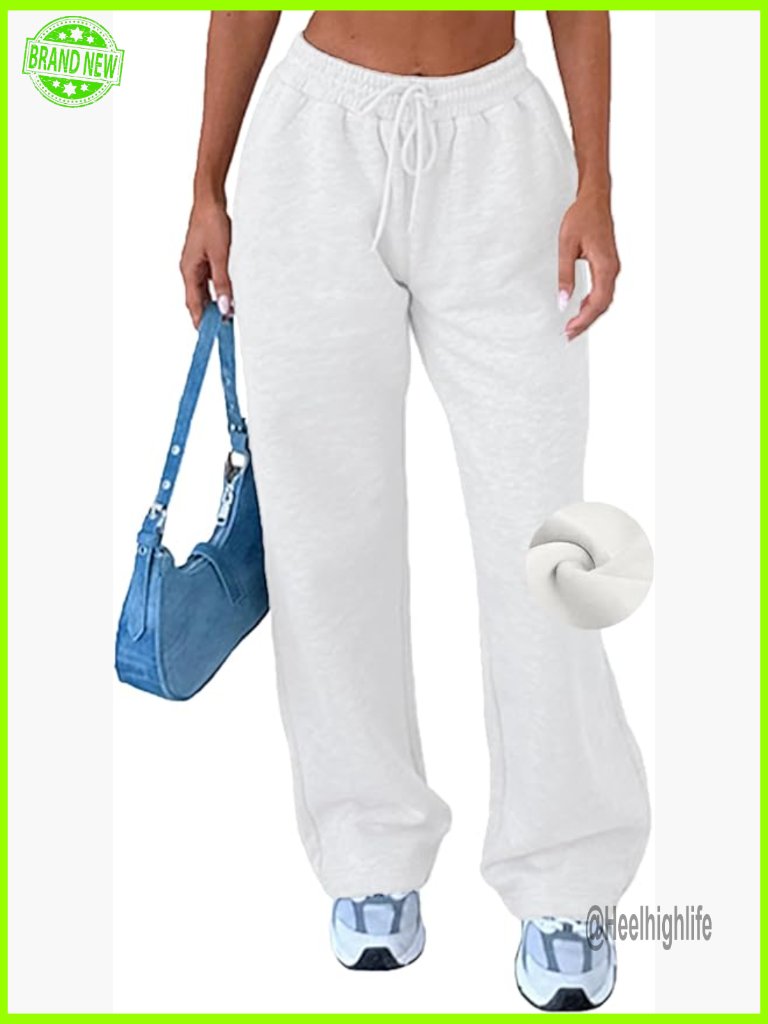 Fleece Lined Baggy Sweatpants Wide Leg Straight With Pockets